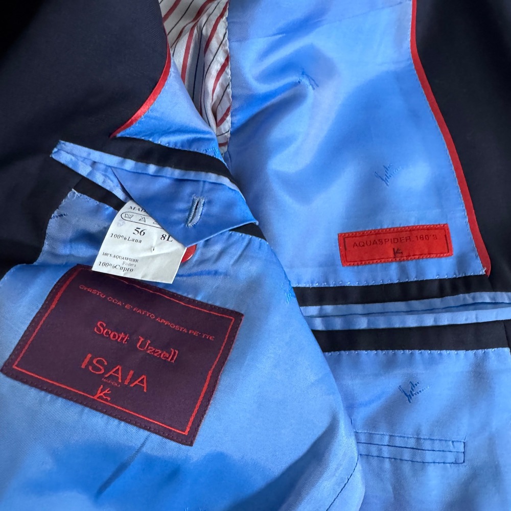 ISAIA Napoli Blazer Mens 56 8L US 46L Navy Blue Solid Aquaspider 160s Wool - Picture 4 of 6